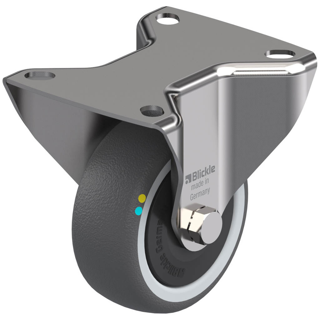 80 mm:n ruostumattomasta teräksestä valmistettu kiinteä pyörä, jossa on harmaa sähköä johtava termoplasti.