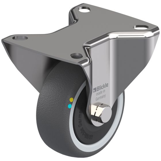 80 mm:n ruostumattomasta teräksestä valmistettu kiinteä pyörä, jossa on harmaa sähköä johtava termoplasti.