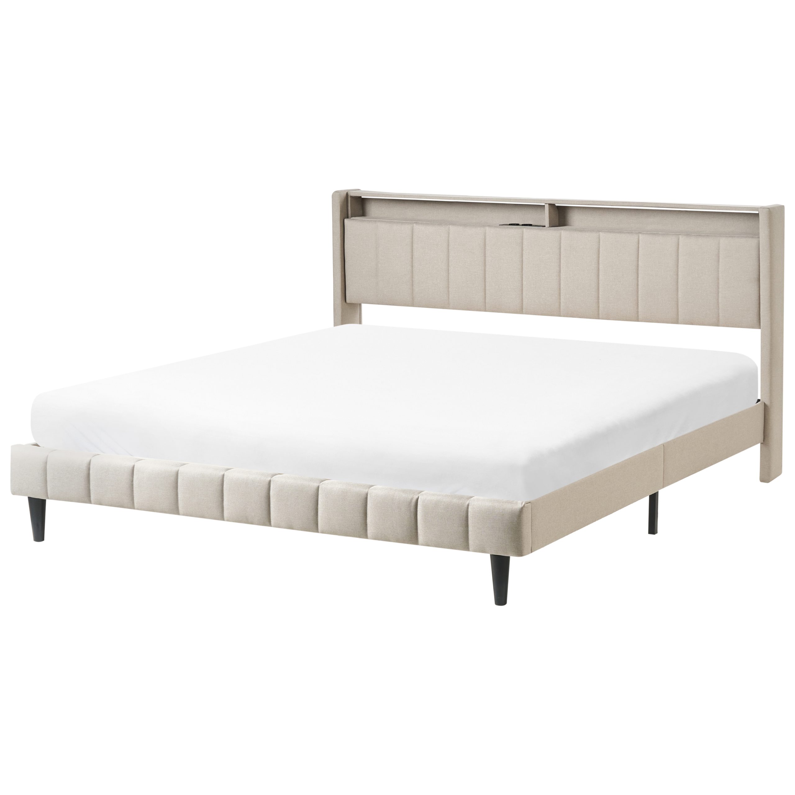 Sänky LED-valolla BEAULIEU Kangas Beige 180 x 200 cm USB-portilla säilytystila
