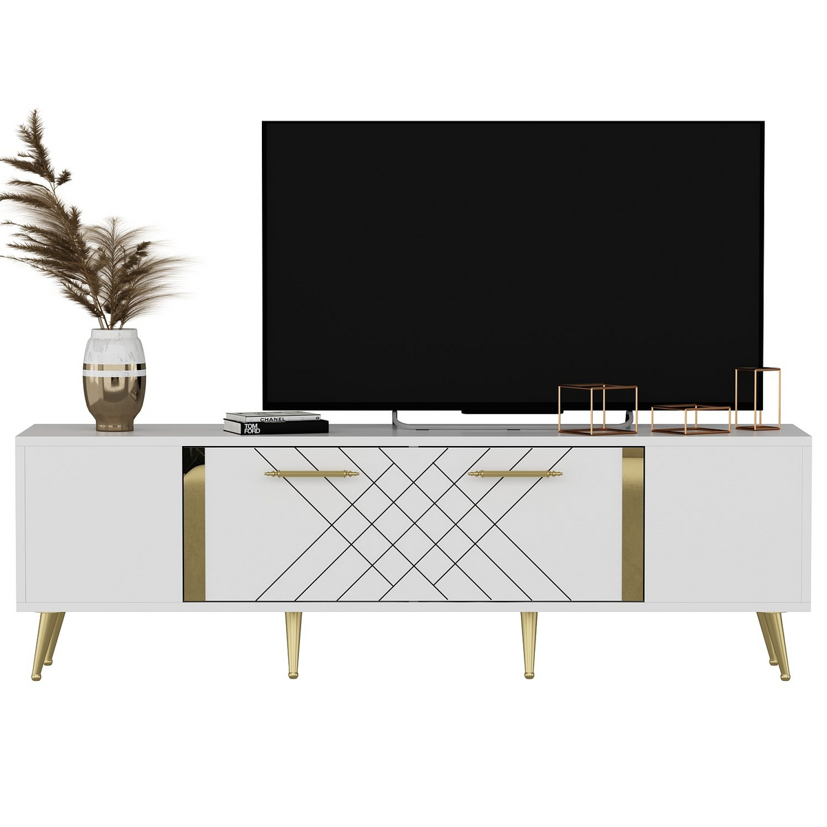 Norda Design Moderni TV-taso hyllyillä, 150 cm | 100 % melamiinipäällysteinen, 18 mm paksu | Tyylikäs säilytysratkaisu