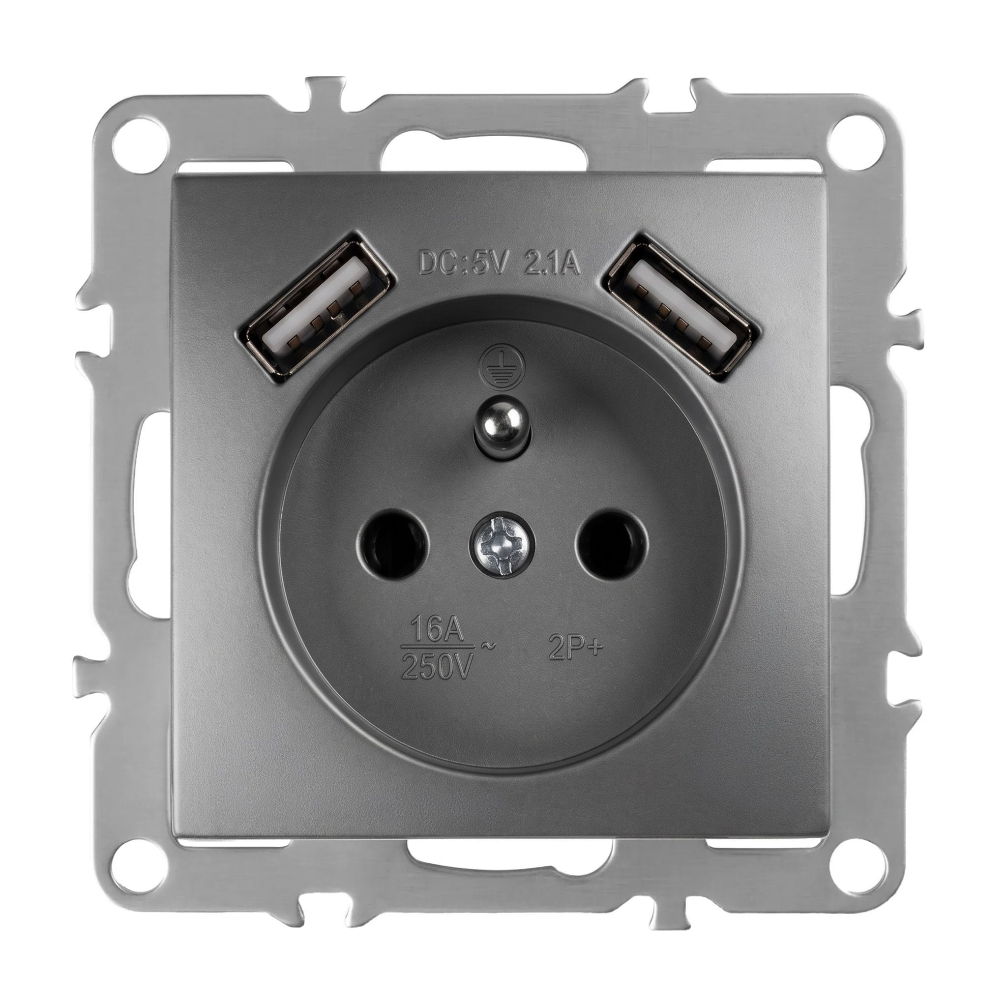 Toolight Yksiosainen maadoitettu pistorasia JNH003-G + 2x USB-A Harmaa 4, 8x7, 4x7, 4cm