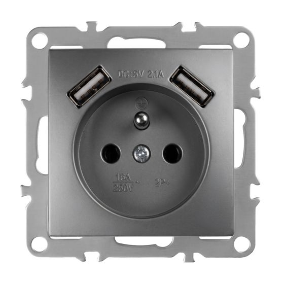 Toolight Yksiosainen maadoitettu pistorasia JNH003-G + 2x USB-A Harmaa 4, 8x7, 4x7, 4cm