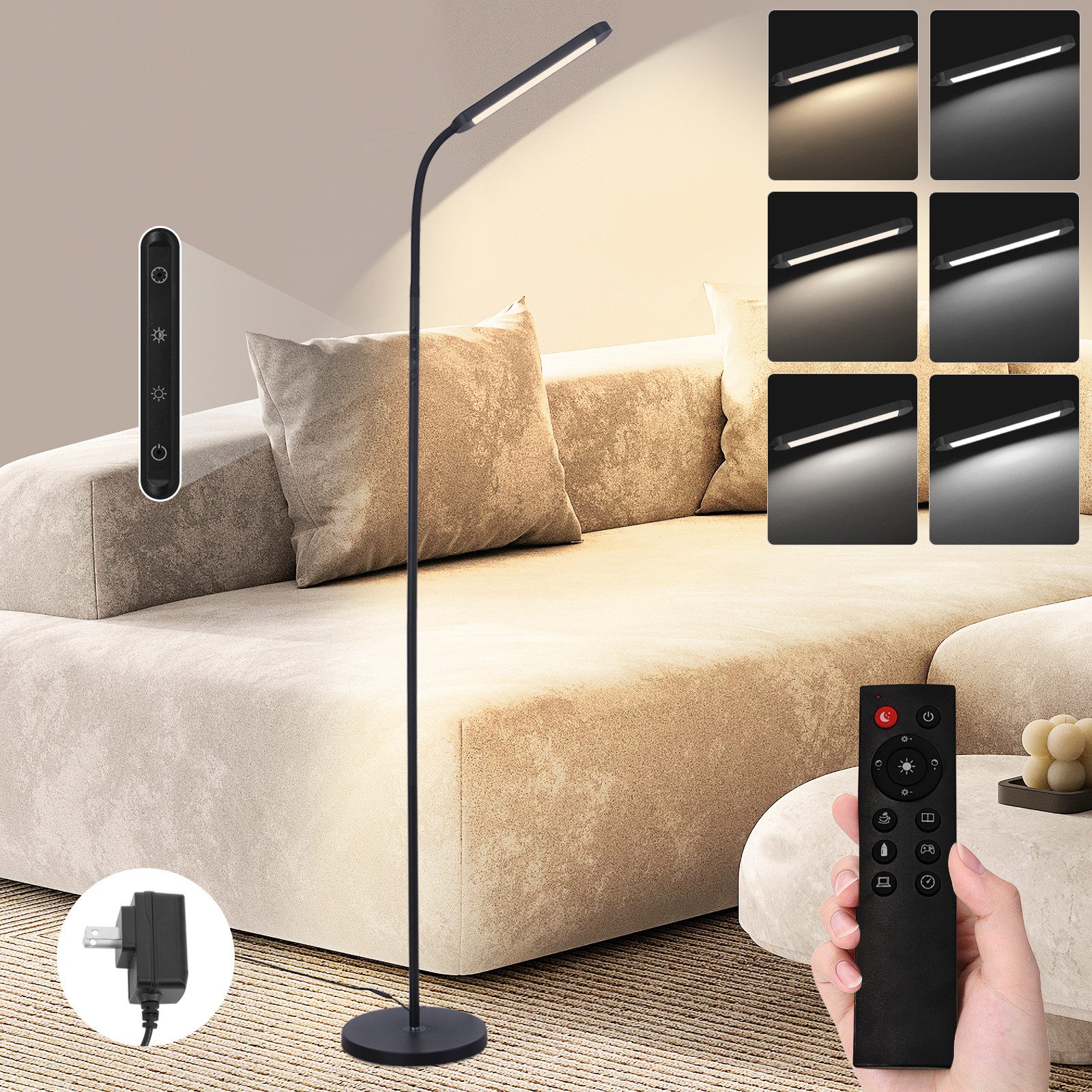 NETTLIFE LED - lattiavalaisin olohuoneeseen himmennettävä musta lattiavalaisin 11w 360° joustava sohva