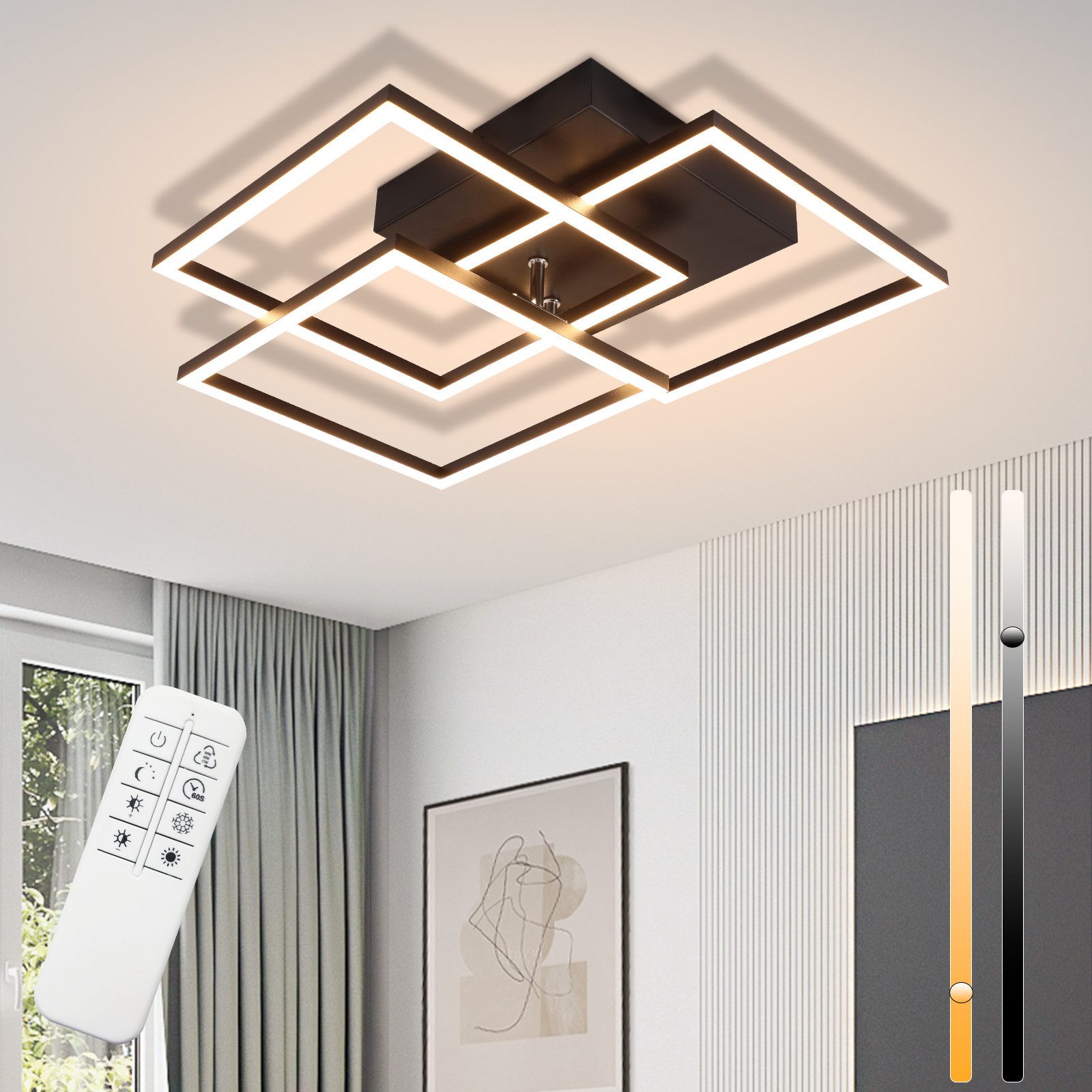 NETTLIFE LED - kattovalaisin, olohuoneeseen, musta, himmennettävä, neliönmuotoinen, moderni, 36w Kaukosäätimellä