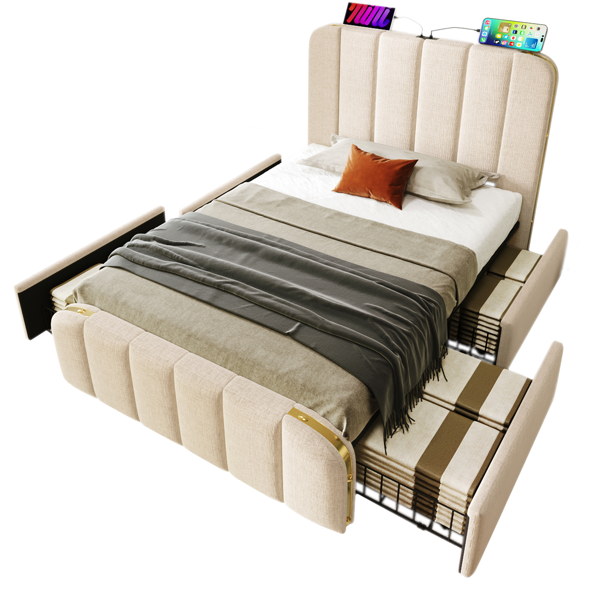 sänky 90x200 cm säädettävä turva-aidat ja USB-tyyppi-C lataus, beige liinikangas, neljä laatikkoa