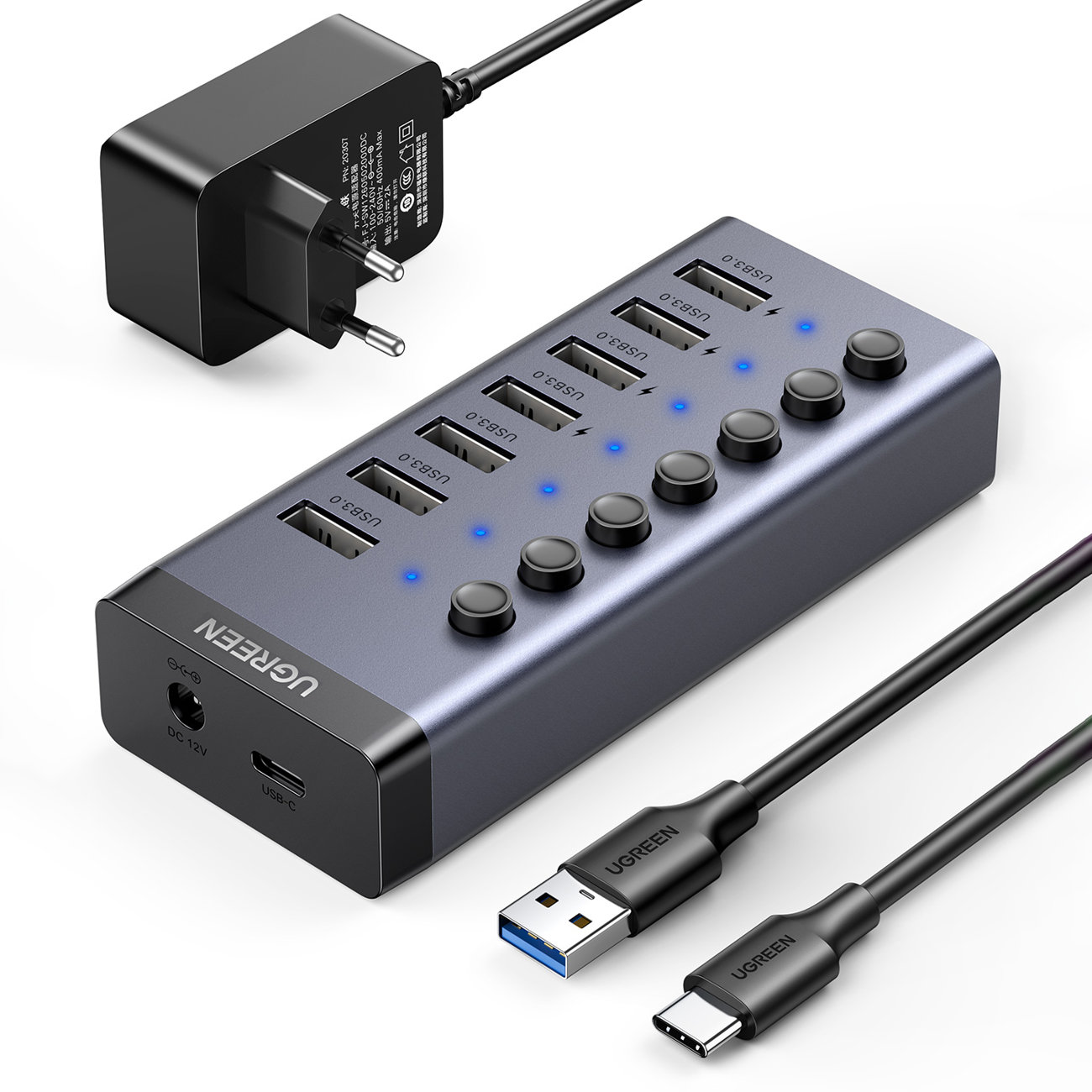 7in1 Monitoiminen USB-C HUB Jakaja - 7x USB 3.0 PD DC 12V Harmaa