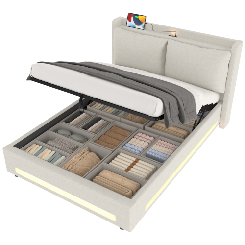 Katossänky 140x200 cm, parisänky sängynpäädyllä ja säilytystilalla, sametti, beige