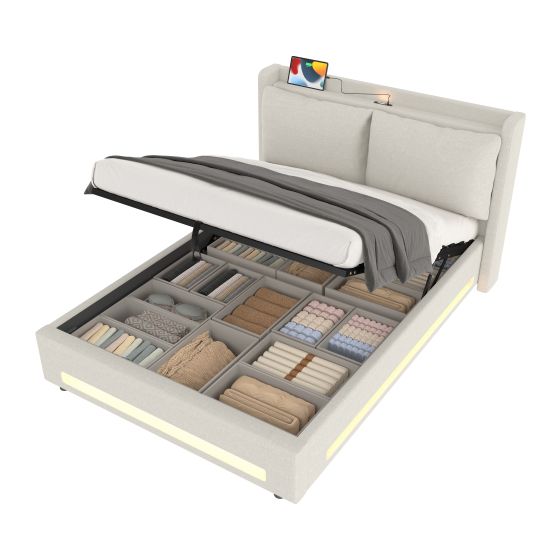 Katossänky 140x200 cm, parisänky sängynpäädyllä ja säilytystilalla, sametti, beige