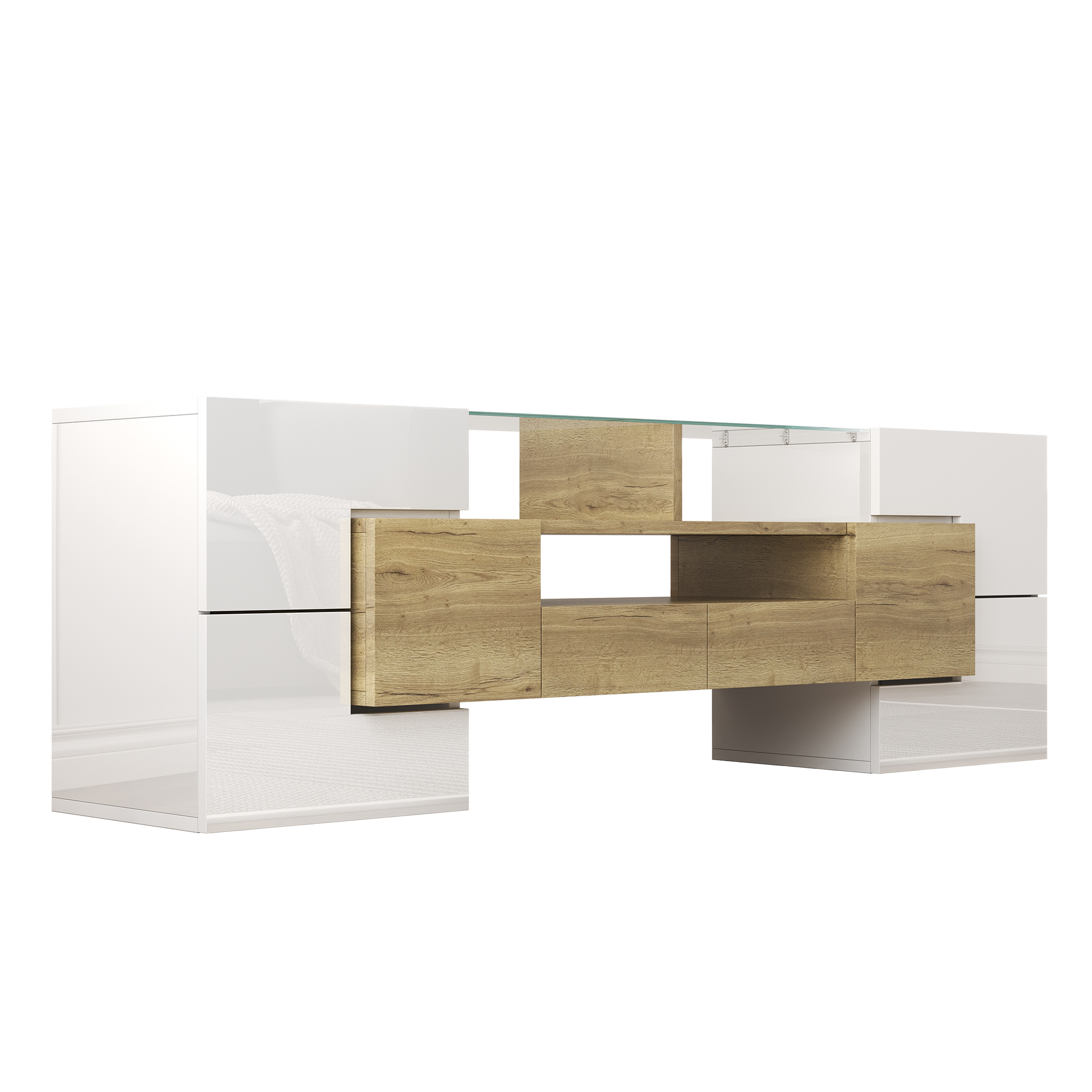 TV-taso 145x30x51 cm valkoinen metalli ja lasi säilytyksellä ja LED-valaistuksella
