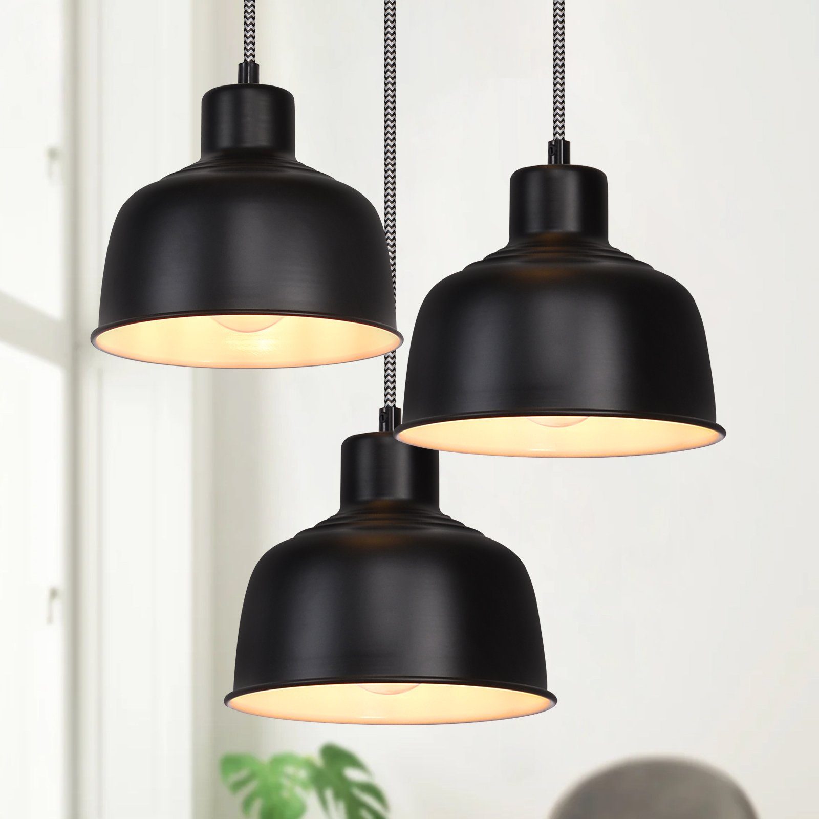 NETTLIFE metallinen riippuvalaisin, halkaisija 17, 8 cm, E27, musta, vintage - teollinen retrokeittiön valaisin, 3 lamppua