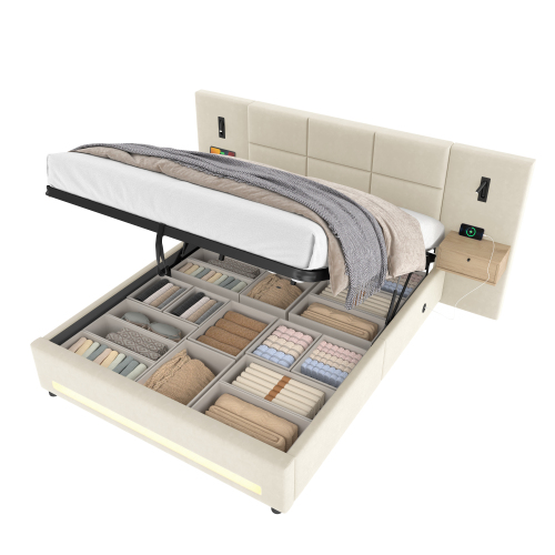 Verhoiltu sänky 180x200 cm, parisänky säilytyslaatikoilla ja sängynpäädyllä, beige