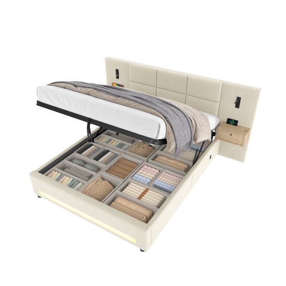 Verhoiltu sänky 180x200 cm, parisänky säilytyslaatikoilla ja sängynpäädyllä, beige