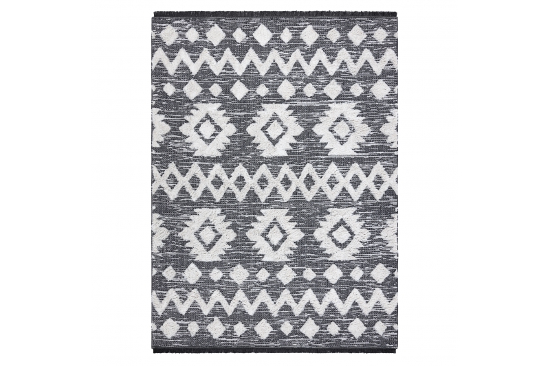 Matto MOROC Zigzag 22319 Ekologinen, EKO SIZAL tupsut - harmaa / kerma, kierrätetty puuvillamatto 117x170 cm