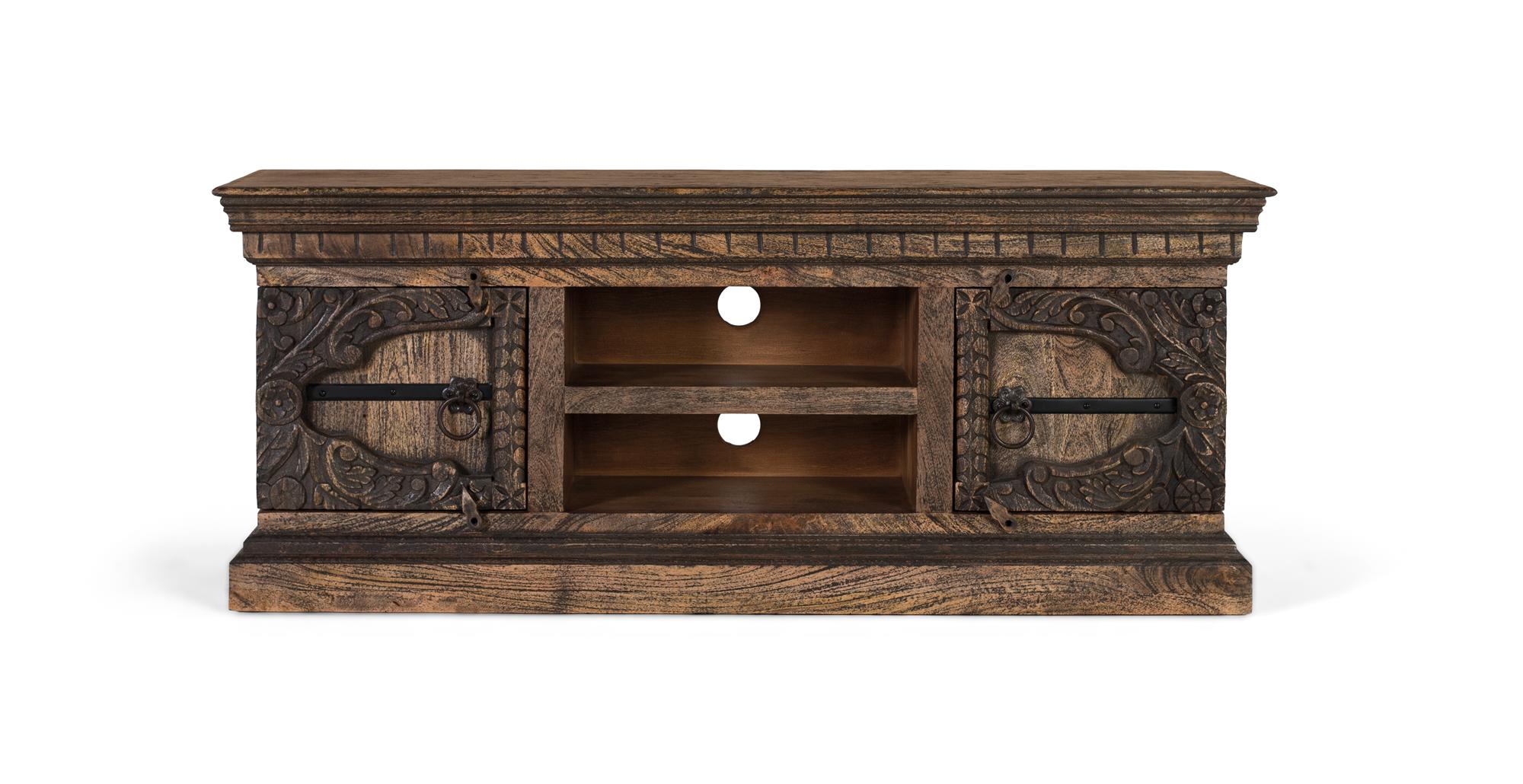 Massiivimangopuinen TV-taso, jossa on kaksi ovea ja kaksi hyllyä