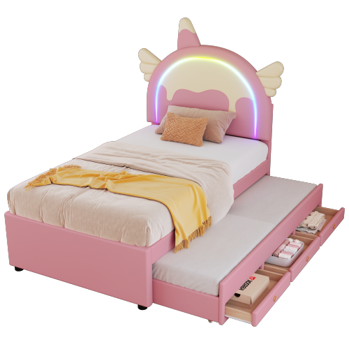 Verhoiltu lastensänky 90 x 200 cm, ulosvedettävällä vuodesohvalla, yksisarvisen muotoinen, pinkki