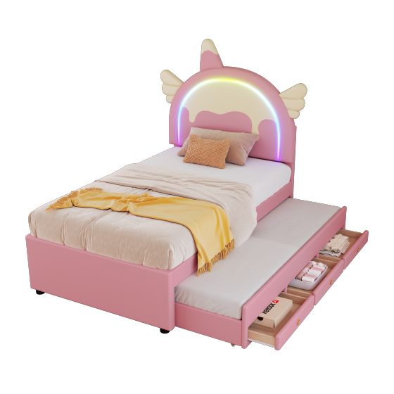 Verhoiltu lastensänky 90 x 200 cm, ulosvedettävällä vuodesohvalla, yksisarvisen muotoinen, pinkki