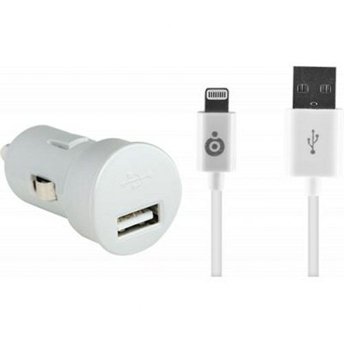 USB A 2.4A FastCharge autolaturi + USB A/Lightning kaapeli