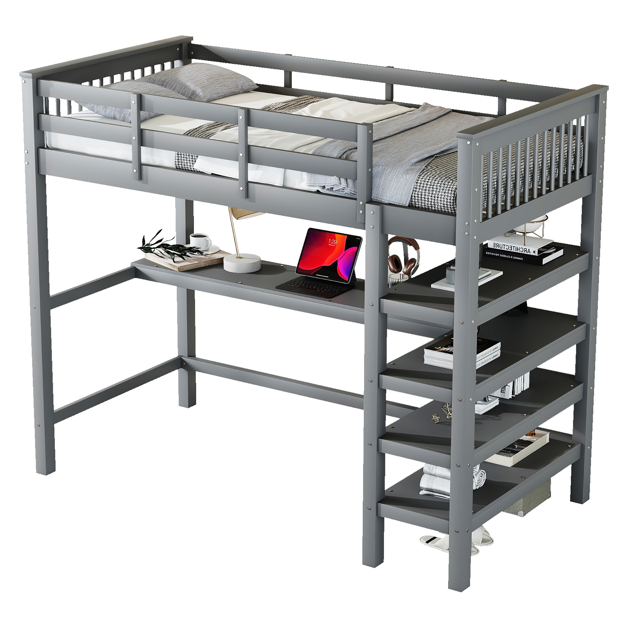 Sänky 90x200 cm turva-aidat säilytystila ja alapuolinen kirjoituspöytä harmaa mänty