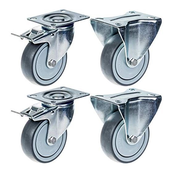 80mm 3" pyörä harmaa kumijarru ja kiinteä vahva 320kg kantavuus, 4 kpl:n sarja.