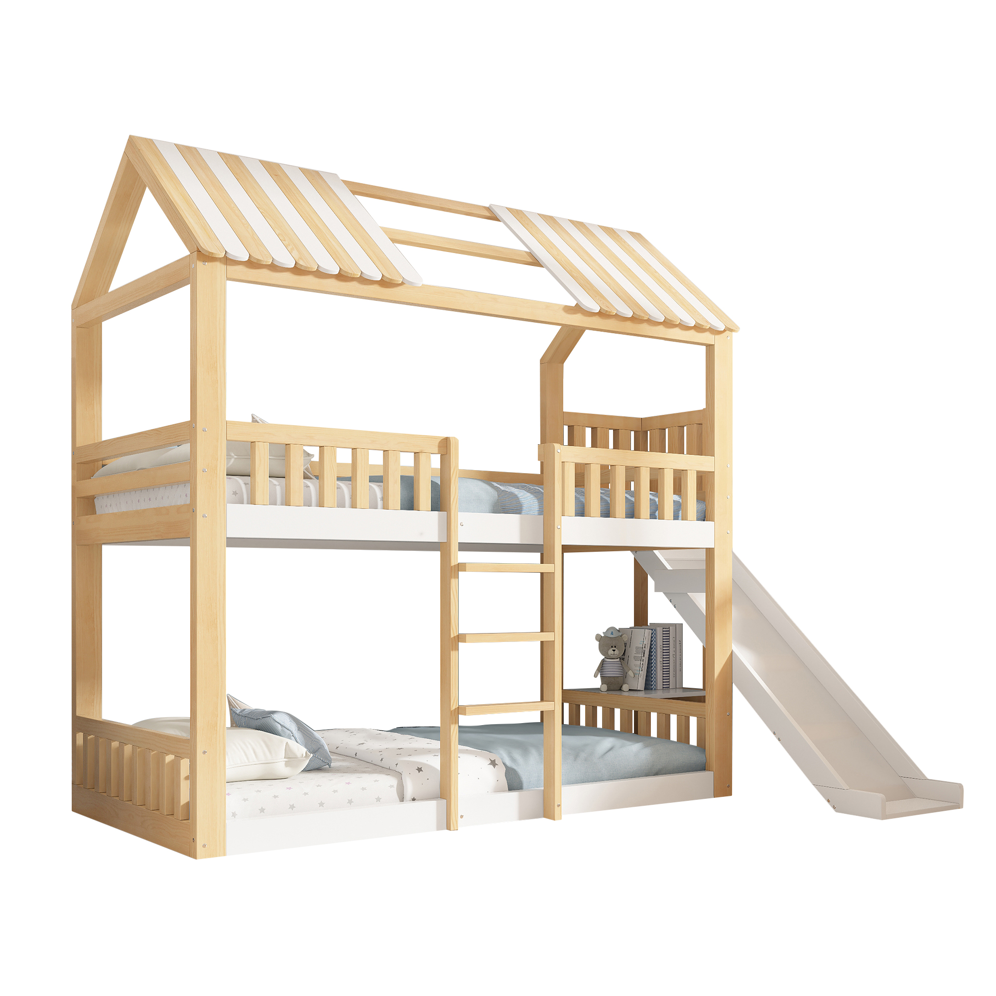 Etagenbett 90x200 cm turva-aidat säilytystila valkoinen ja luonnonvärisen puinen