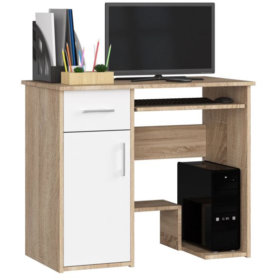 Akord Kirjoituspöytä Pin 1 laatikko 1 kaappi vasen Sonoma-tammi/Valkoinen 90x50x74