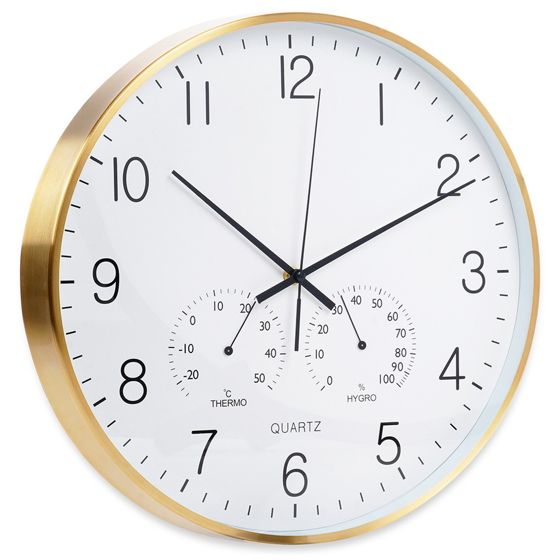 Seinäkello lämpömittarilla ja kosteusmittarilla, valkokulta, 38 cm