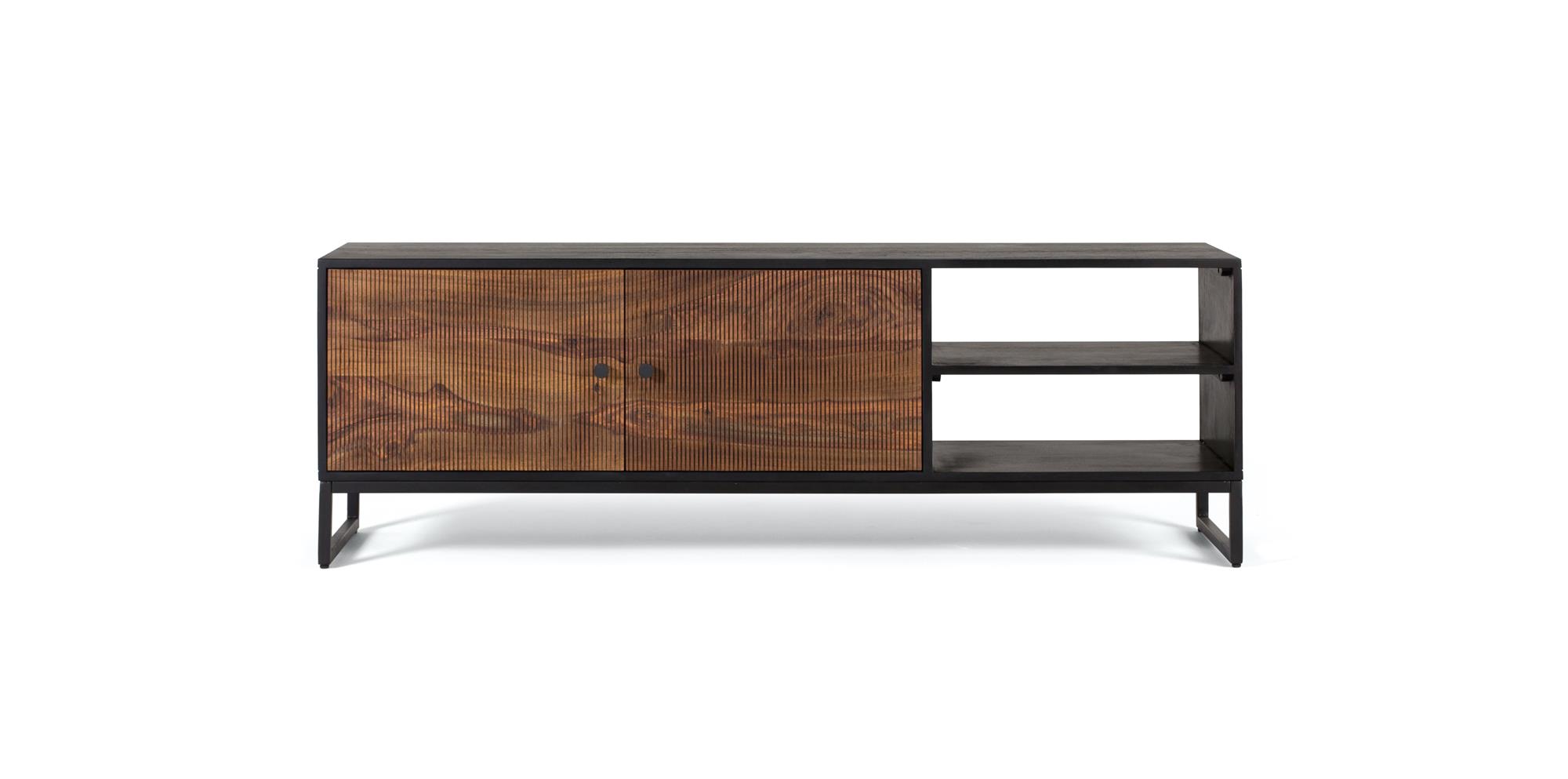 Ruusupuusta valmistettu TV-taso, jossa ruskeat metallijalat