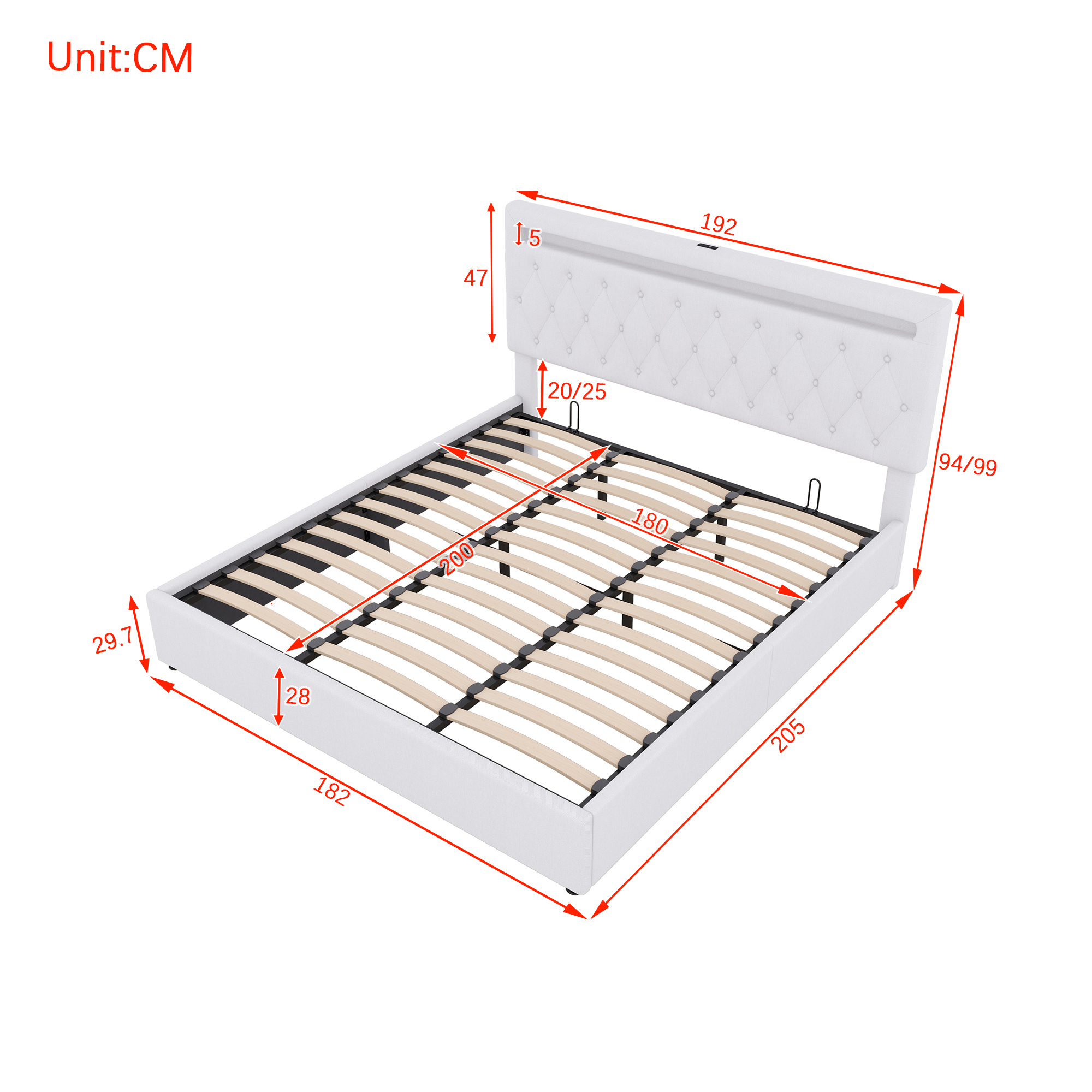 Lavasänky 180 x 200 cm, Valkoinen, Hydraulinen Nostomekanismi + Väriä Vaihtava Valaistus