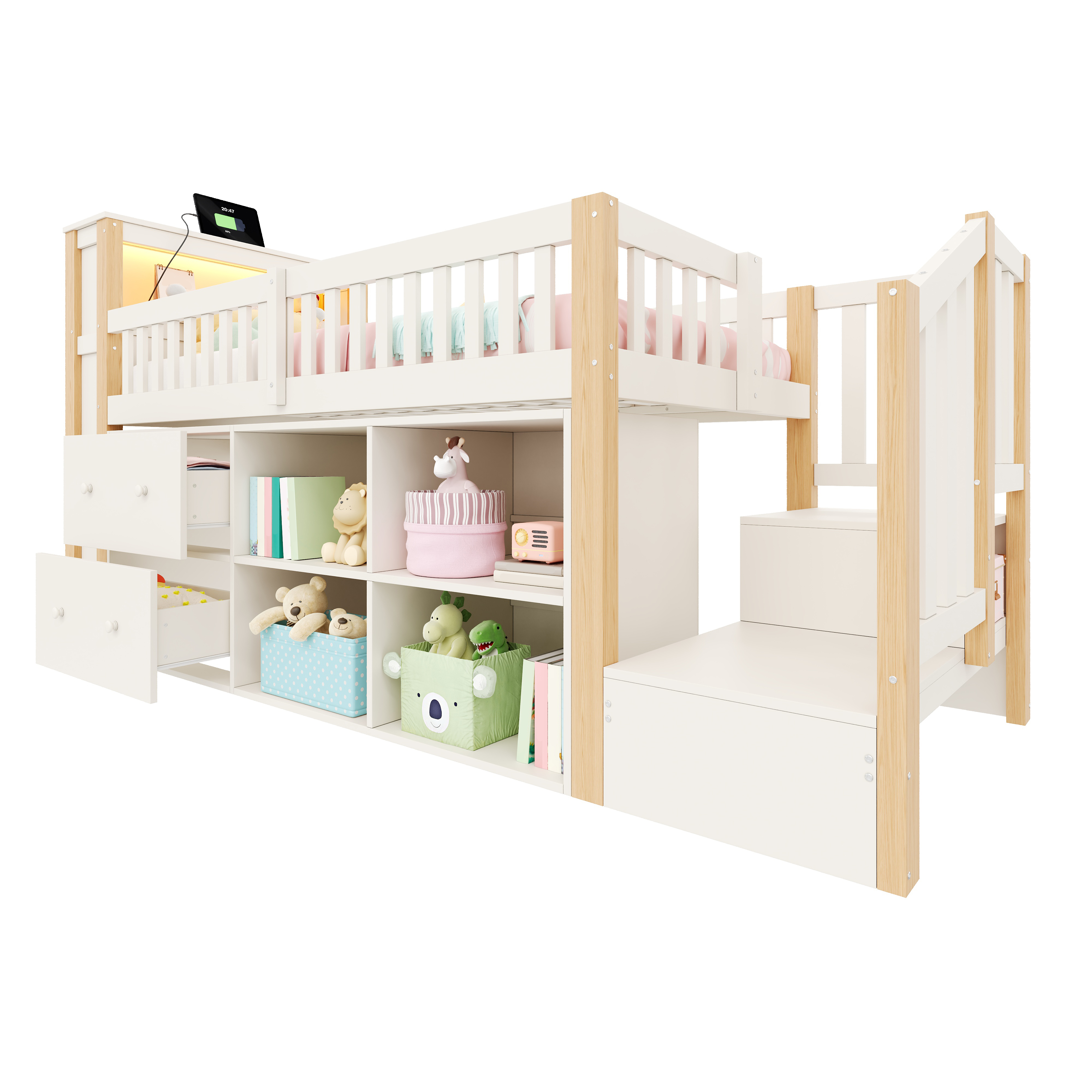 Sänky 90x200 cm säilytystilaan, turva-aidat, LED-valaistus, luonnollinen, mänty ja MDF