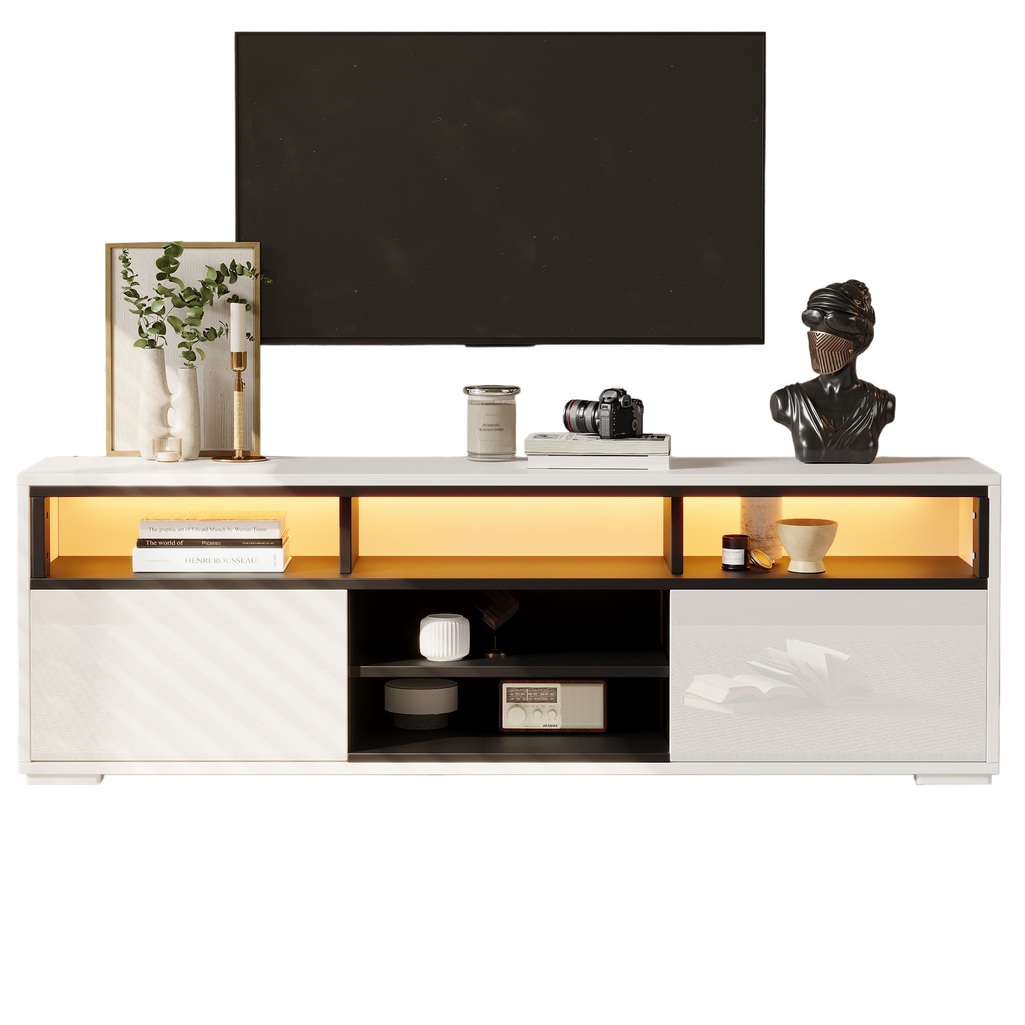 TV-taso 150x35x50 cm valkoinen lastulevy säilytyksellä ja LED-valaistuksella