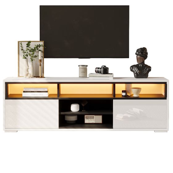 TV-taso 150x35x50 cm valkoinen lastulevy säilytyksellä ja LED-valaistuksella