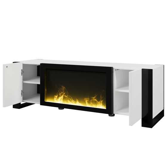 TV-taso 165x55x32 cm valkoinen ja musta lastulevy metallitukilla säilytyksellä ja sähköisellä kaminalla
