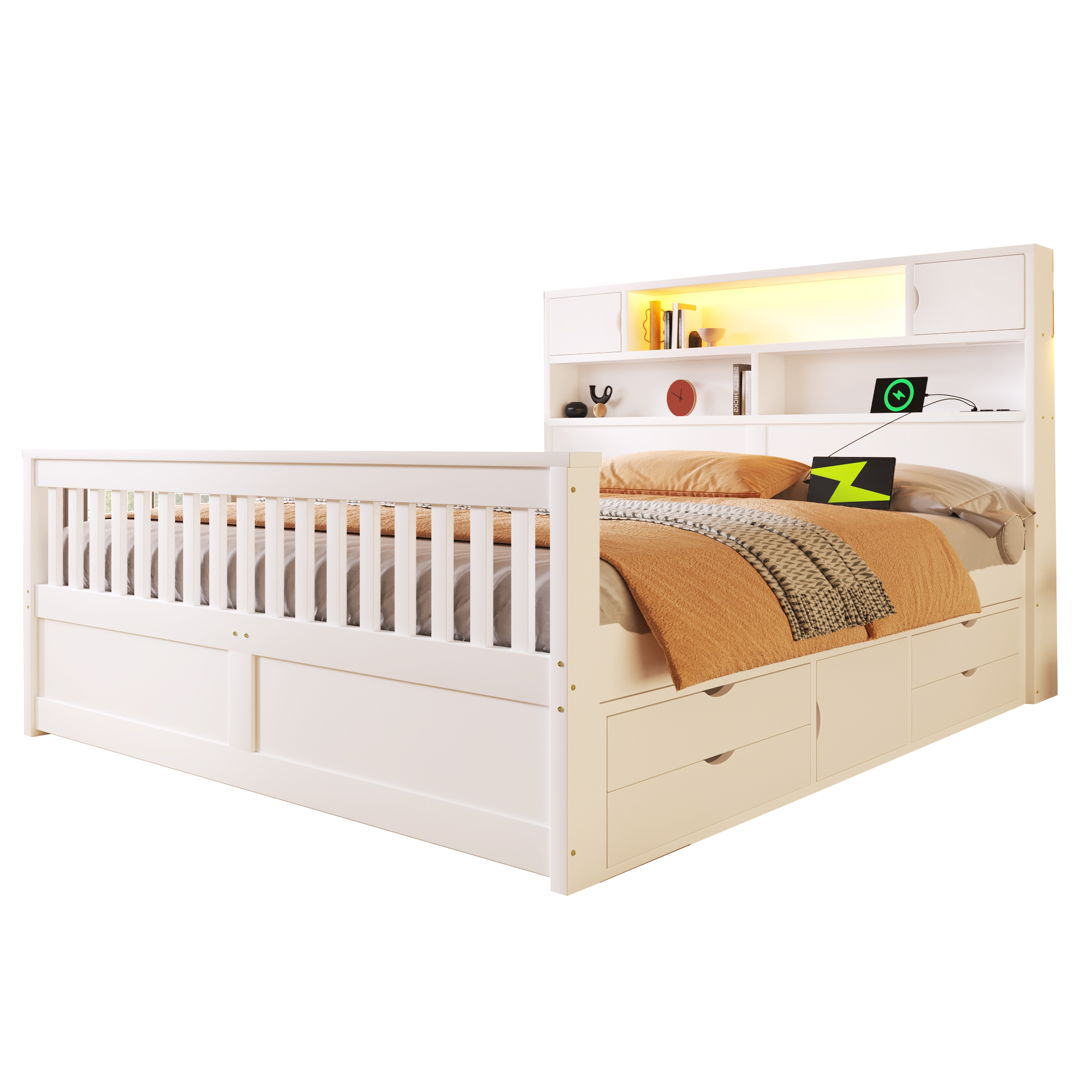 Sänky 160x200 cm säilytystila laatikoilla ja LED-valaistuksella valkoinen MDF ja vaneri