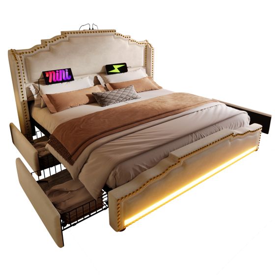 sänky 180x200 cm LED-valaistus ja USB-C-lataus, säilytystila neljällä laatikolla, beige, sametti