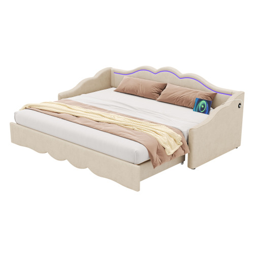 Vuodesohva 90x200, jatkettava 180 asteeseen, parivuode, LED-valoilla ja USB-liitännällä, sametti, beige