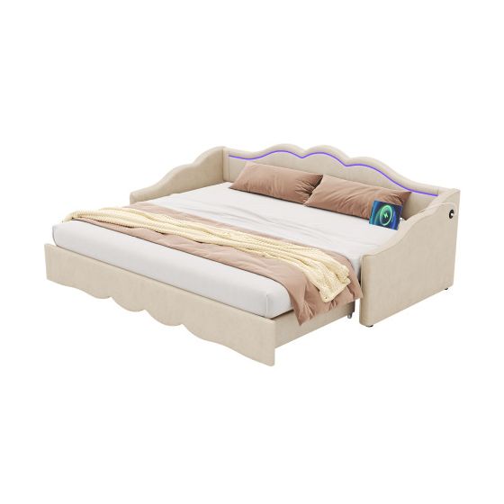 Vuodesohva 90x200, jatkettava 180 asteeseen, parivuode, LED-valoilla ja USB-liitännällä, sametti, beige