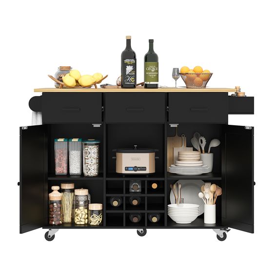 Tarjoiluvaunu, työtasolla, maustetelineellä, säädettävillä lokeroilla, musta