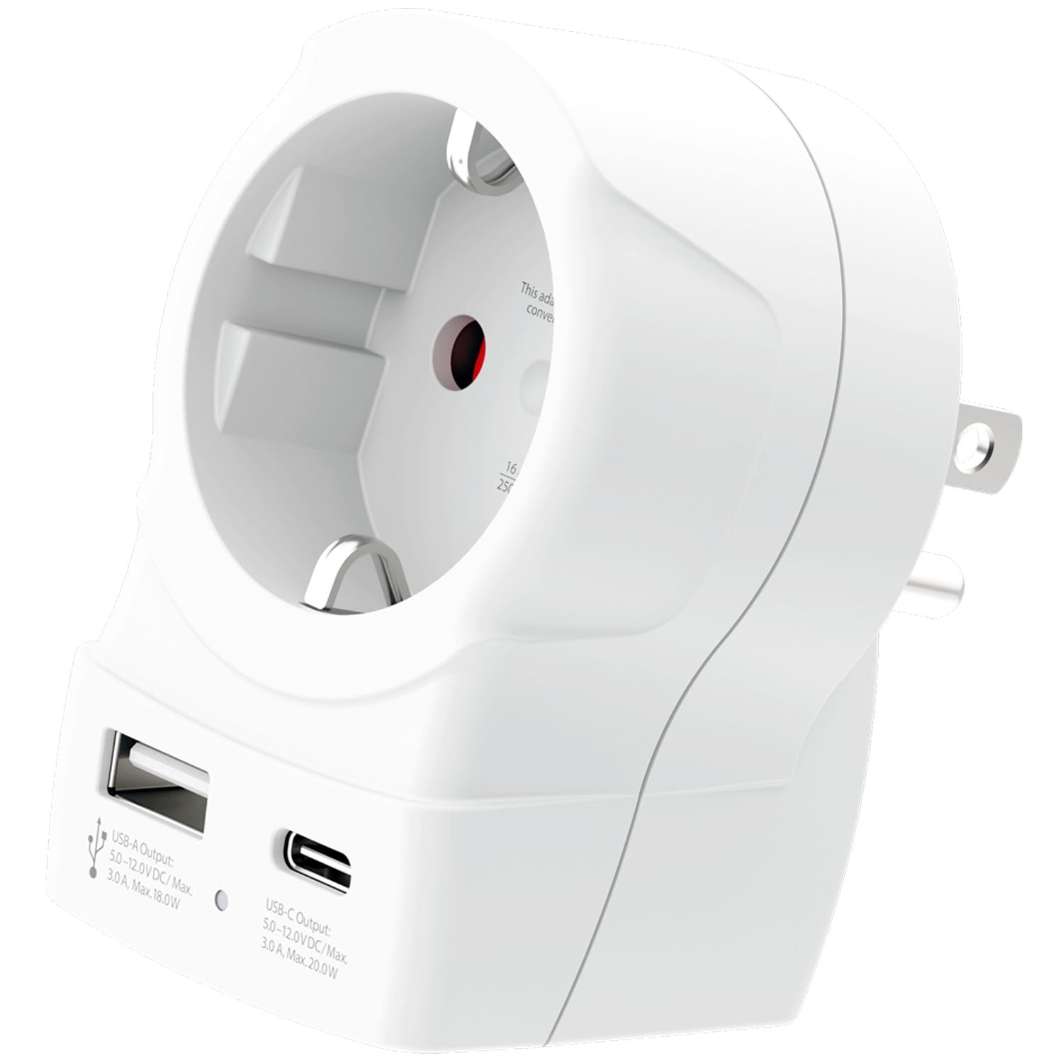 Virtasovitin EU-USA, USB-A/USB-C, 20 W PD maadoitettu