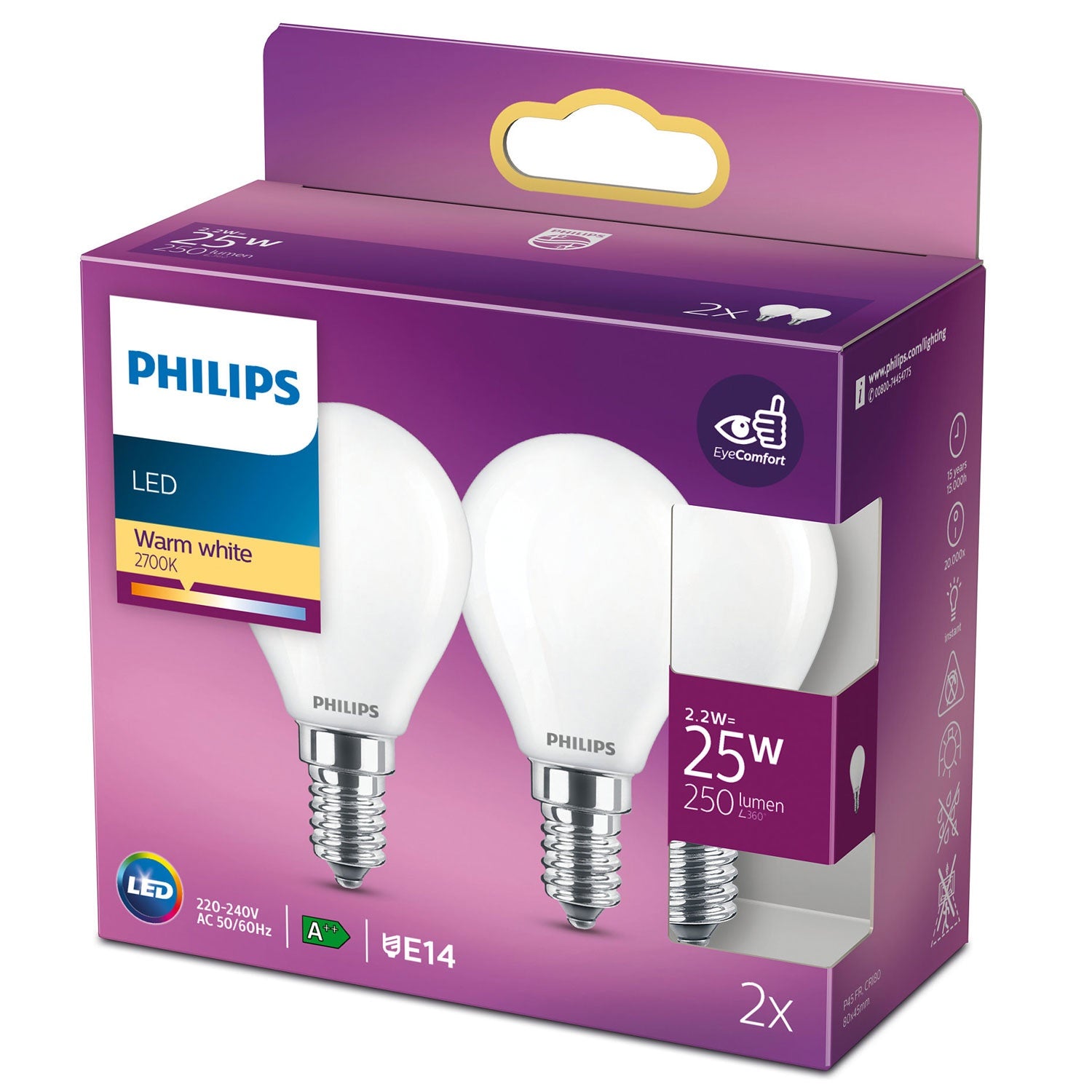 2 kpl LED E14 Globe 25W Frost 250lm