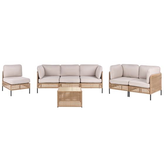 Ulkosohvaryhmä pöydällä 6-istuttava OMEGANA modulaarinen Polyrottinki Vaaleanbeige