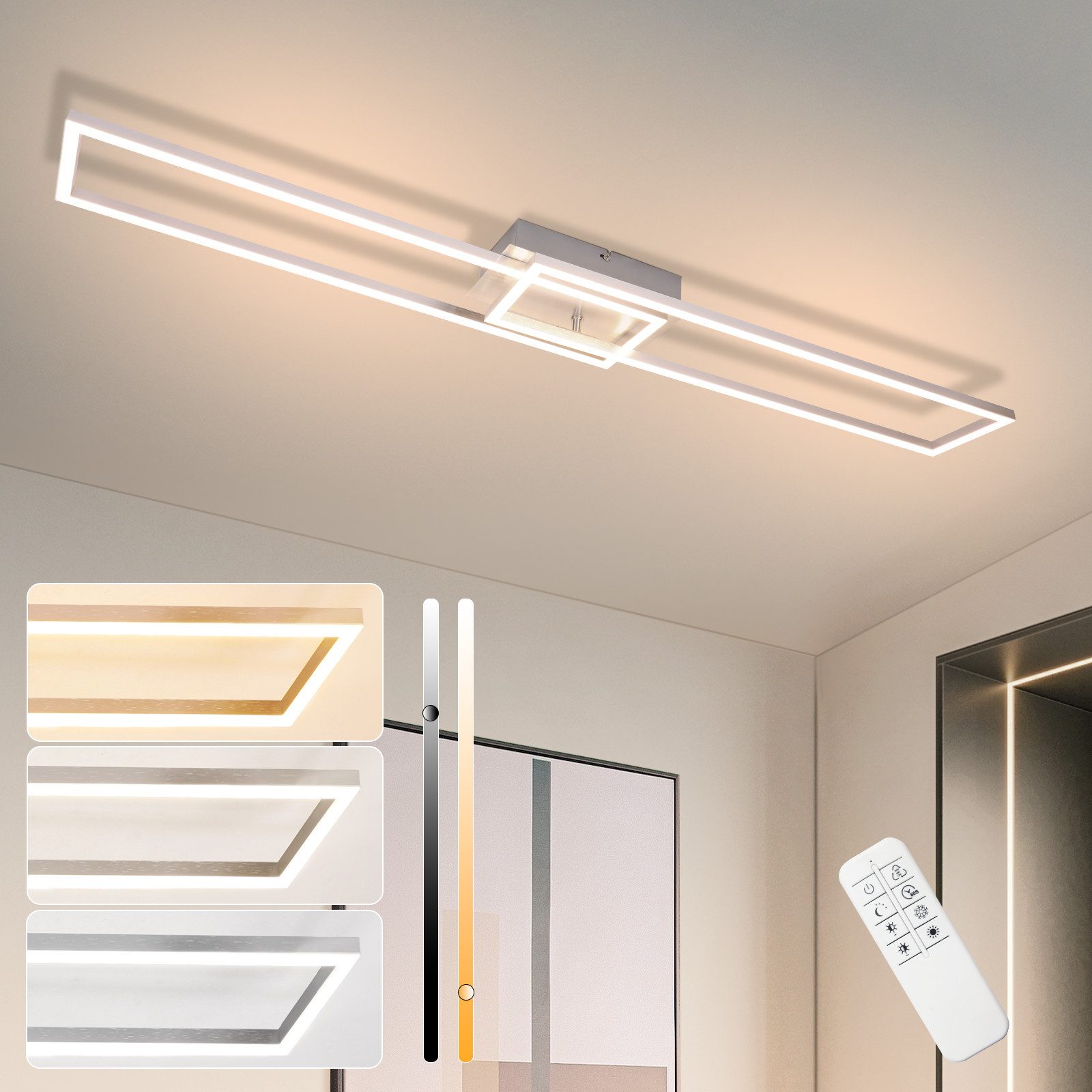 NETTLIFE LED - kattovalaisin, makuuhuoneeseen - 2Kehystä makuuhuonevalaisin, 102cm, moderni himmennettäväKaukosäätimellä hopeinen Kattovalaisin 36 W