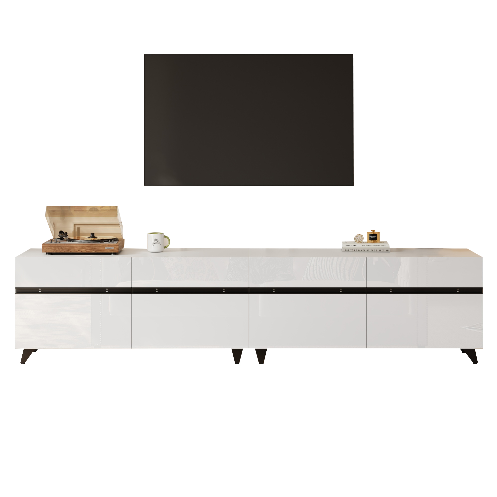 TV-taso 180x40x49 cm valkoinen MDF säilytyksellä ja verstellbarilla tukiseinillä
