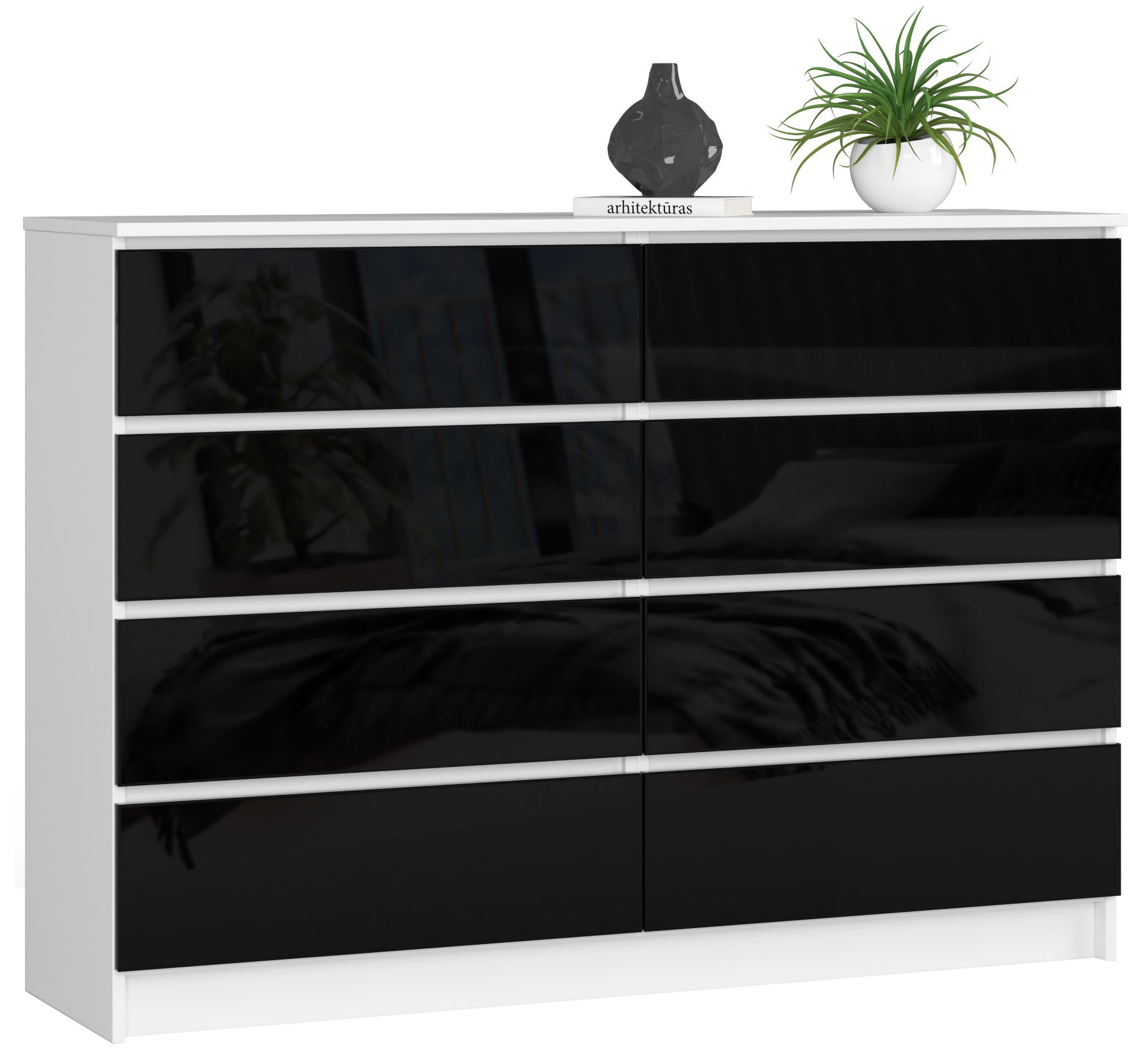Akord Lipasto 8 laatikkoa Valkoinen/Musta Kiiltävä 138x40x99