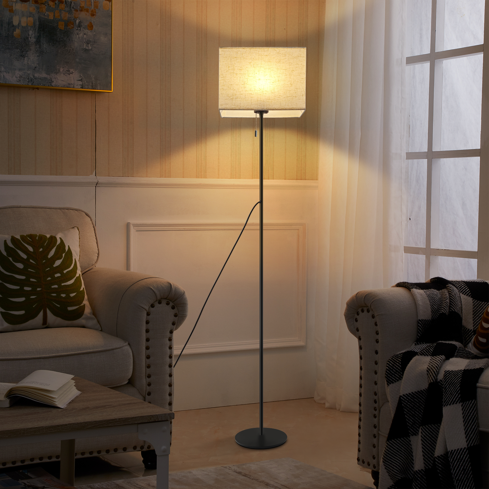 NETTLIFE Retro himmennettävä LED - lattiavalaisin, kangasvarjostin olohuoneeseen, vetokytkimellä
