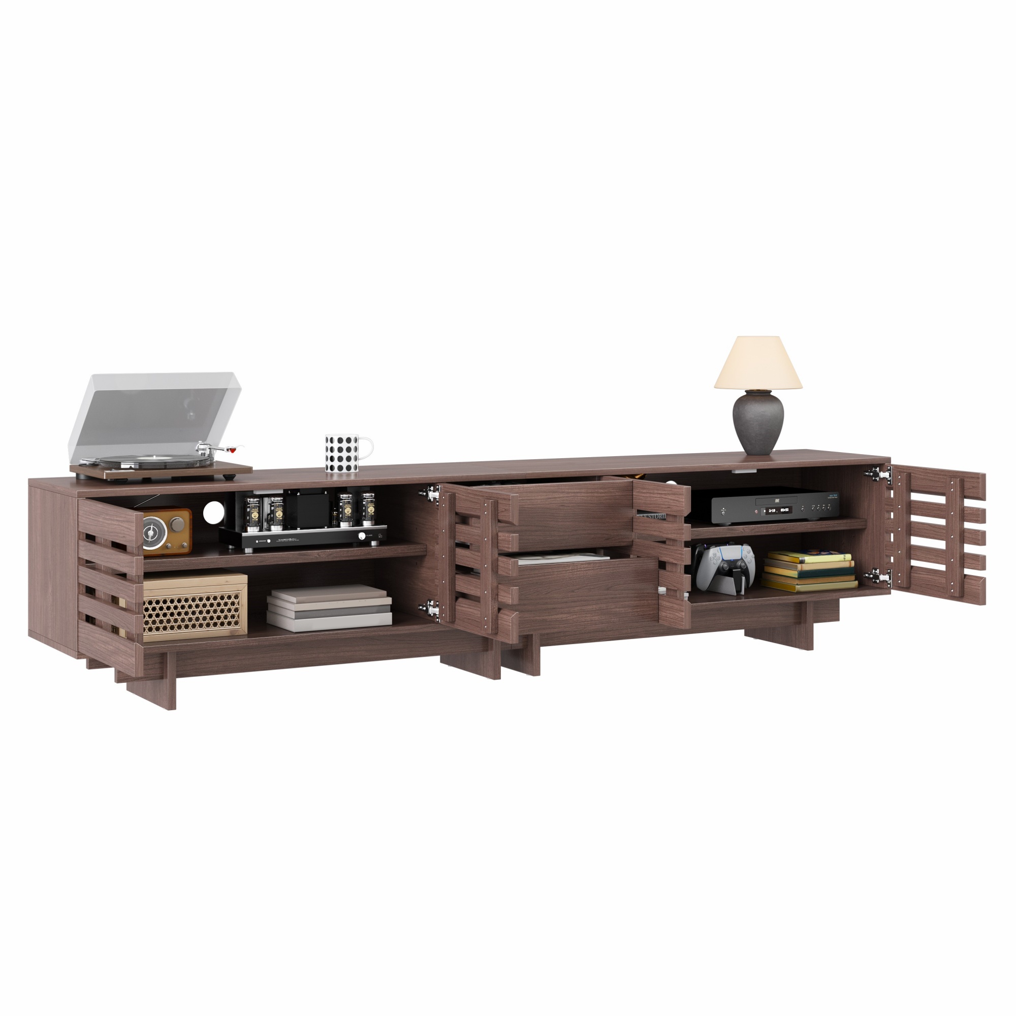 TV-taso 200x39.5x55 cm pähkinävärinen MDF säilytyksellä ja liukuovilla