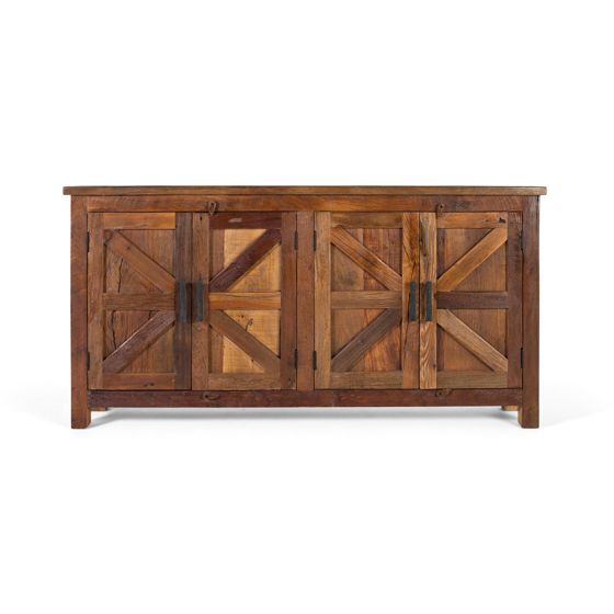 Maalaisromanttinen kierrätyspuusta valmistettu senkki, jossa on neljä ovea