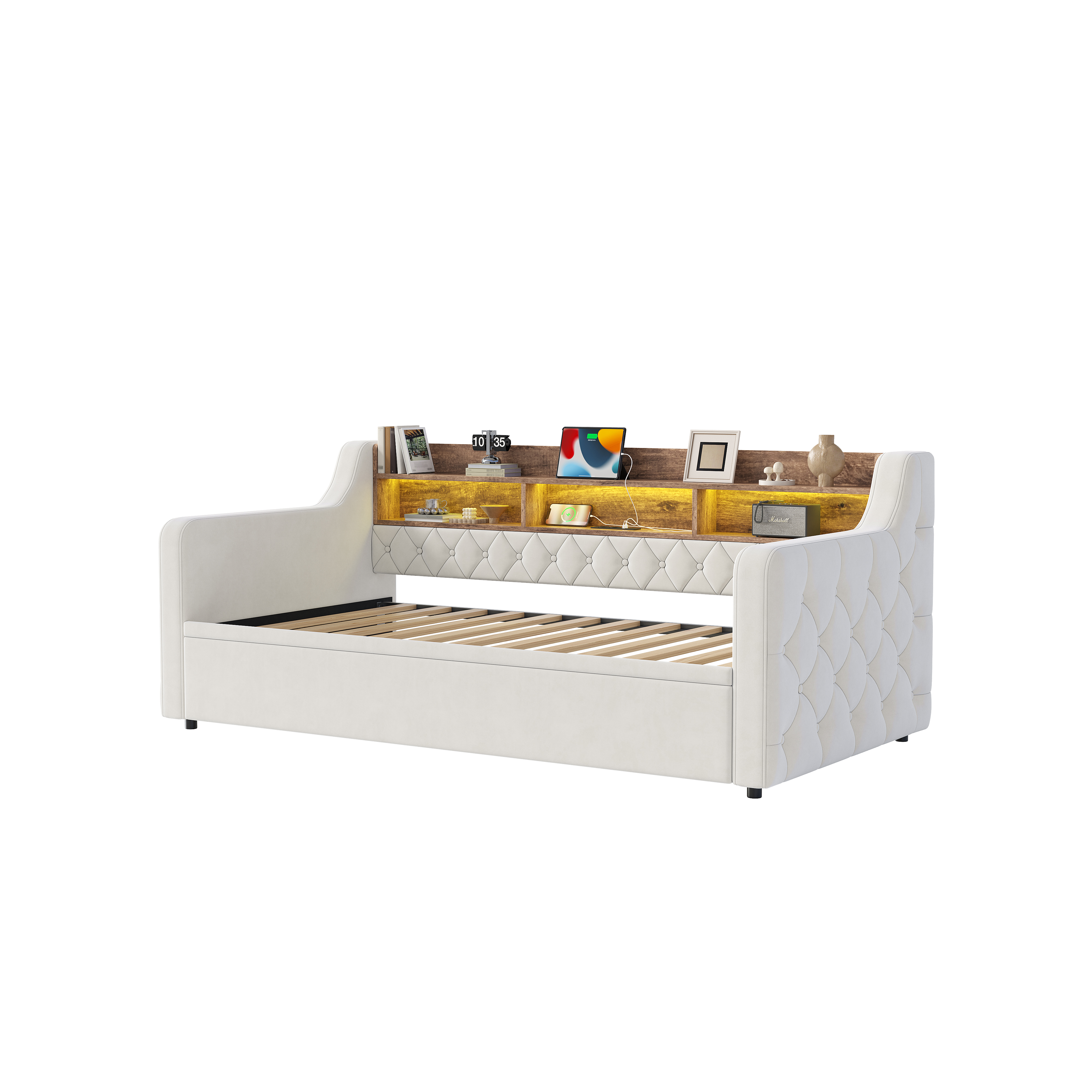 sänky 90x190 cm ulkoiset käsinojat säilytystila puukopan osa LED-valaistus USB ja Type-C liitännät valkoinen sametti