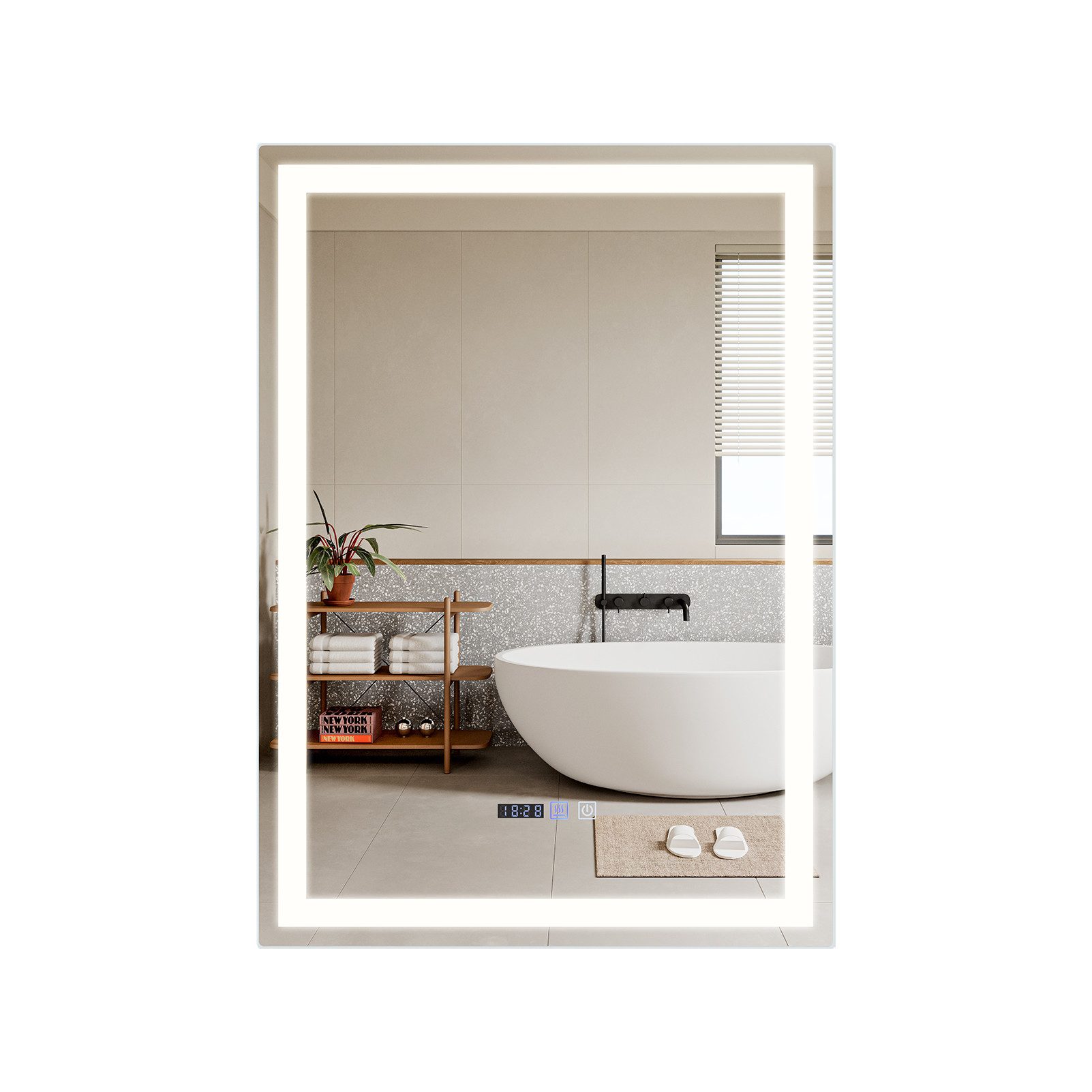 NETTLIFE valaistu kylpyhuoneen peili - 50x70 cm LED, seinäkiinnitys, IP44, kosketuskytkin, kello, huurtumisenesto, säädettävä