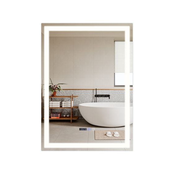 NETTLIFE valaistu kylpyhuoneen peili - 50x70 cm LED, seinäkiinnitys, IP44, kosketuskytkin, kello, huurtumisenesto, säädettävä