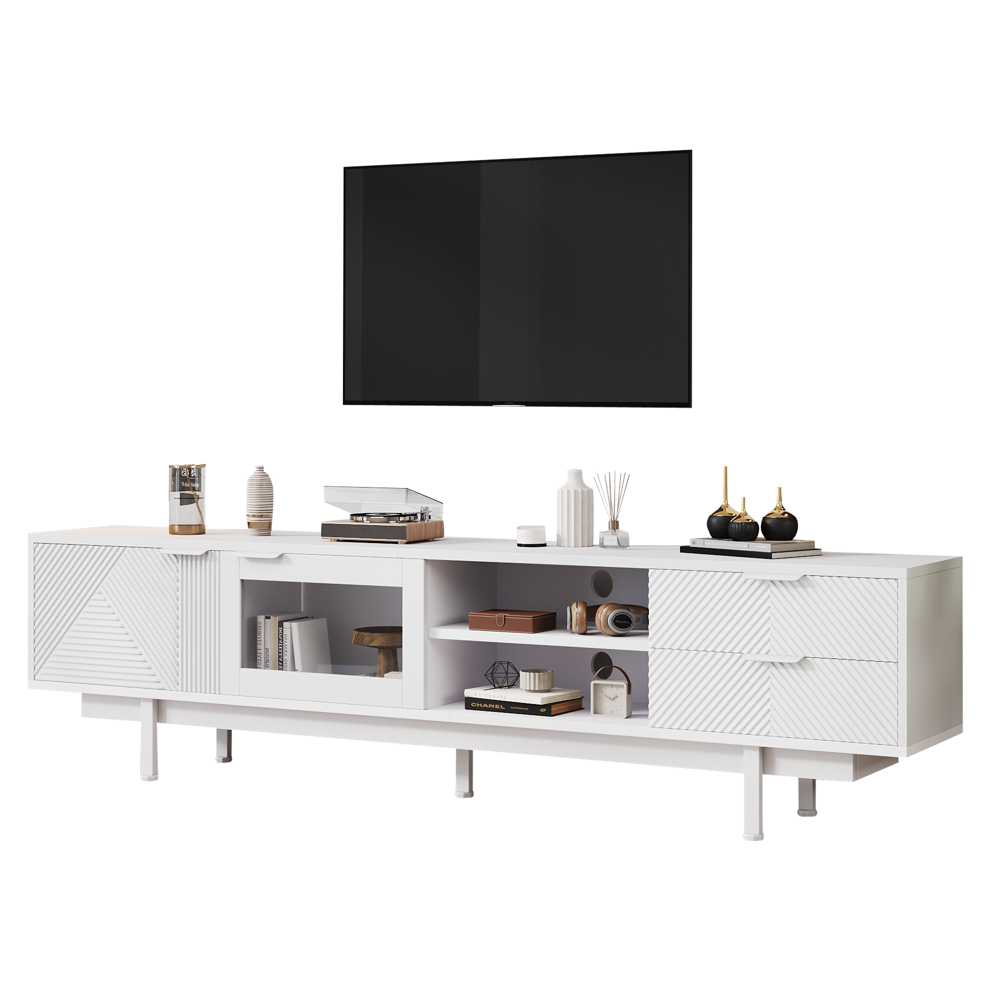 TV-taso 200x40x50,5 cm valkoinen lastulevy säilytyksellä ja liukuovilla